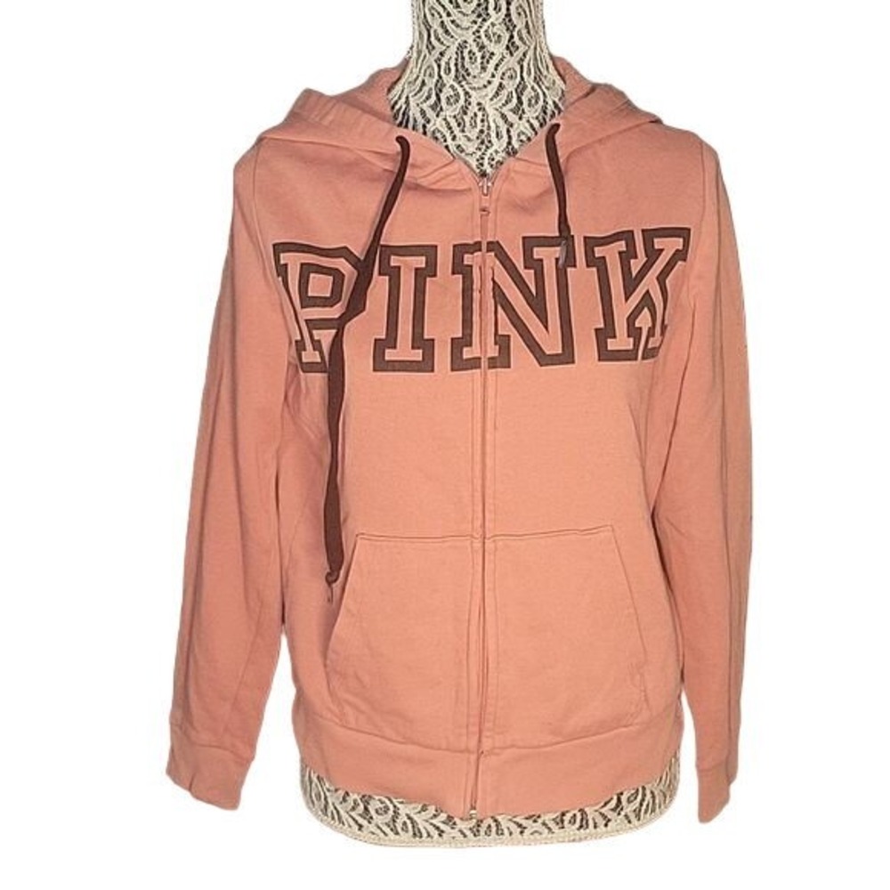Victorias Secret Pink Logo Zip-Up Hoodie Peach Womens M Cotton Blend Casual
